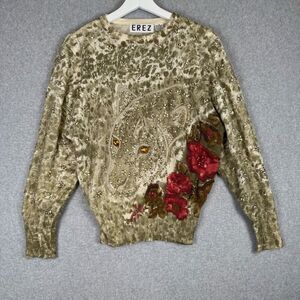 Erez Women Small Grey Brown Lambs Wool Angora Hair Pullover Sweater Animal Print